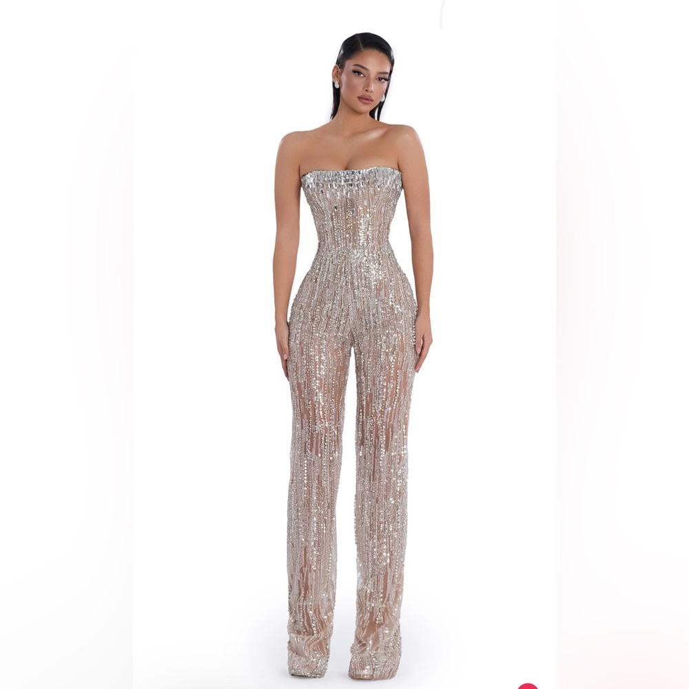 Albina Dyla | Silver Sequin Strapless Jumpsuit | Celestial Glam